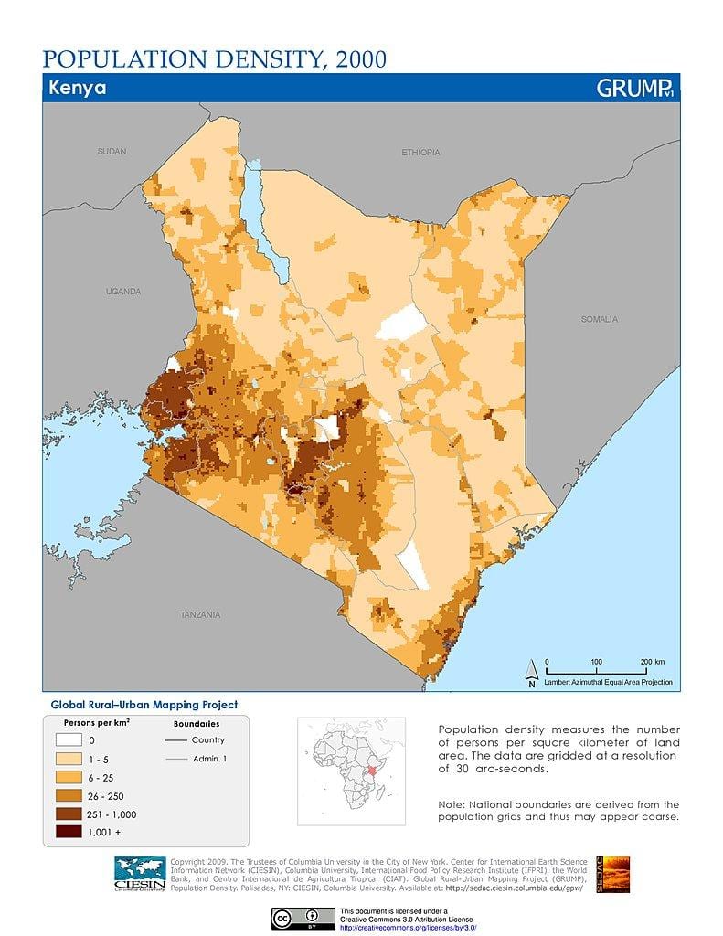 ケニアの人口密度の地図